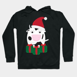 Cute Cartoon Cow with Santa Hat and Green Red Gifts Hoodie